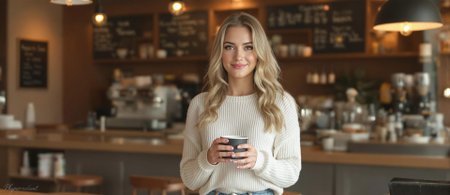 "Full-body shot of a beautiful Russian woman with golden blonde hair, light brown eyes, and a sharp nose, standing in a cozy coffee shop, wearing a white sweater and jeans, holding a coffee cup, soft warm lighting, natural expression, slight smile, background of wooden tables and coffee machines." (hyperrealistic:1.3), (photorealistic:1.2), cinematic lighting, ultra-detailed body features.” straight ahead in a calm expression, (hyperrealistic:1.3), 8k resolution, high dynamic range, 