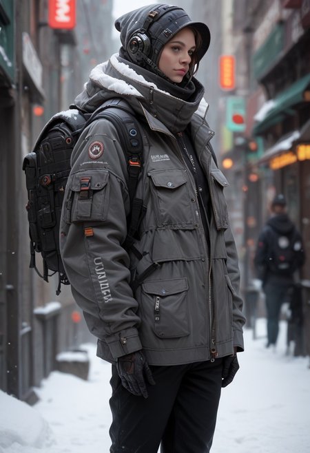 score_9, score_8_up, score_7_up, score_6_up, score_5_up, score_4_up, source_photo, source_real, cowboy shot, full body, snow, techwear, solo, gloves, long_sleeves, standing, jacket, pants, hood, bag, blurry, no_humans, blurry_background, backpack, helmet, robot, mecha, 1other, zipper, science_fiction, realistic, humanoid_robot, Vivid Colors, high Contrast,