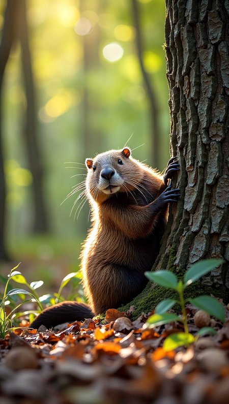 nature photography,a beaver at the base of a tree in the woods,sunny day,looking at viewer, embedding:EZRealPONYXL,