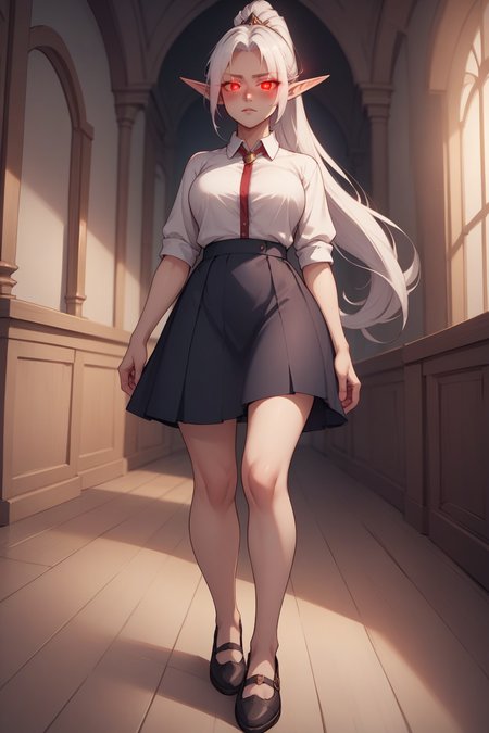 score_9, score_8_up, score_7_up, score_6_up, BREAK sexy, beautiful woman, perfect face, perfect eyes, pale skin, gogalking, <lora:gogalking 1024 6:0.7>, ponytail, ((white hair)), pointy ears, red eyes, long hair, elf, eyebrows visible through hair, looking at viewer, (glowing eyes red:1.1), blush, wide angle view, full body shot, indoors, white shirt, collared shirt, skirt,