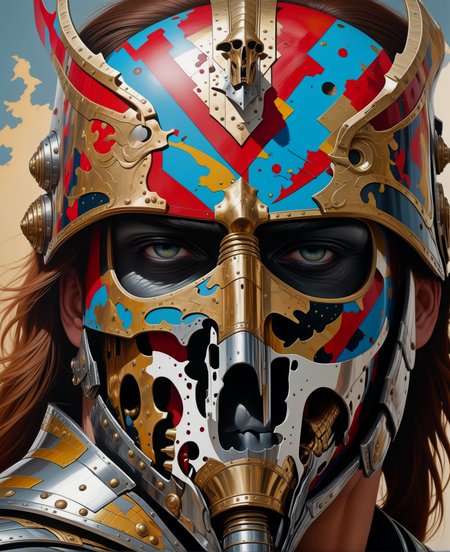 heavy armored man,Close Up,masterpiece,best quality, <lora:SandraChevrierXL:0.8>,sachr style,fantasy,medieval,aesthetic (abstract warpaint),8k,awardwinning,trending on artstation and deviantart
