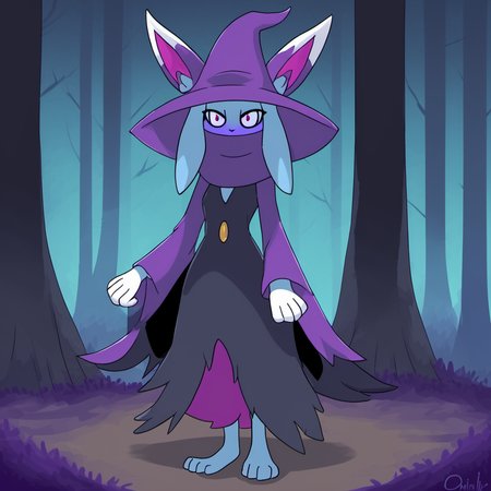 Katress,blue fur, purple clothing, black clothing, purple hat, witch hat, purple eyes, long sleeves,
standing, feet, paws, solo, forest, night, 
digital drawing,
<lora:Katress_basesdxl:0.65>