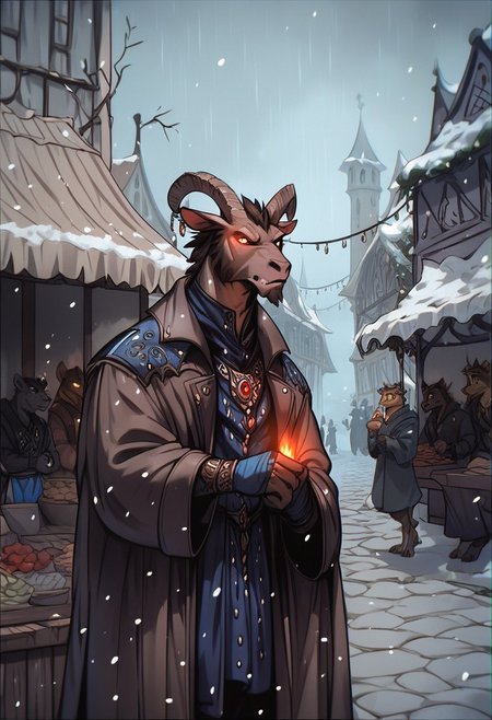 score_9, score_8_up, score_7_up, perfecteyes, anthro bear,  square,  market, glowing,  male 30-40 years old,winter,long coat, brutality, jewellery, snowfall, drifts,fantasy,Vintage,