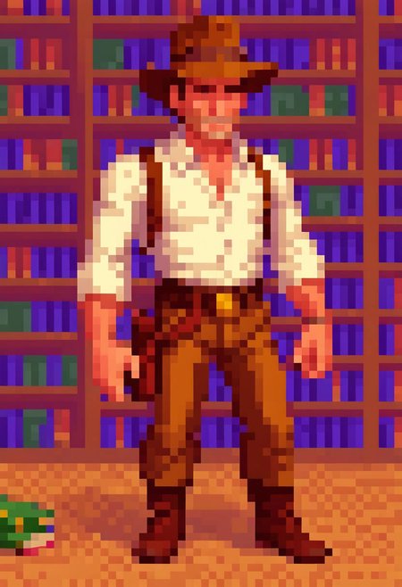 pixel art PixArFK
lucasarts style,  
  indiana jones in a library 
masterpiece, best quality, high quality,