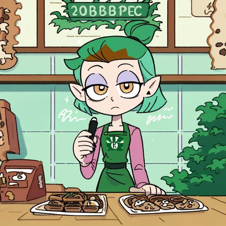 score_9, score_8_up, score_7_up, 1girl, amity blight, yellow eyes, pointy ears, green hair, medium hair, half updo, upper body,
standing, looking at viewer, bags under eyes, 
cafe, behind counter, frown, starbucks, starbucks barista, powerpuff