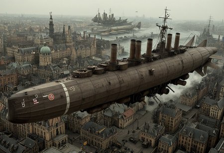 masterpiece, best_quality, very_aesthetic, highres, absurdres, ultra detailed, airship,  battleship, steampunk, Victorian, 
flying over Victorian city,
 airship, vehicle focus, no humans, military vehicle, military, science fiction, aircraft flying, radio antenna, cannon, machinery,rocket launcher,
dark iron, navy gray vehicle, 
spiral, pipe ,rivets, ,wire,