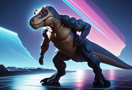 score_9, score_8_up, score_7_up, muscular dinosaur, full body, tyrannosaurus, dramatic lighting, retrowave,