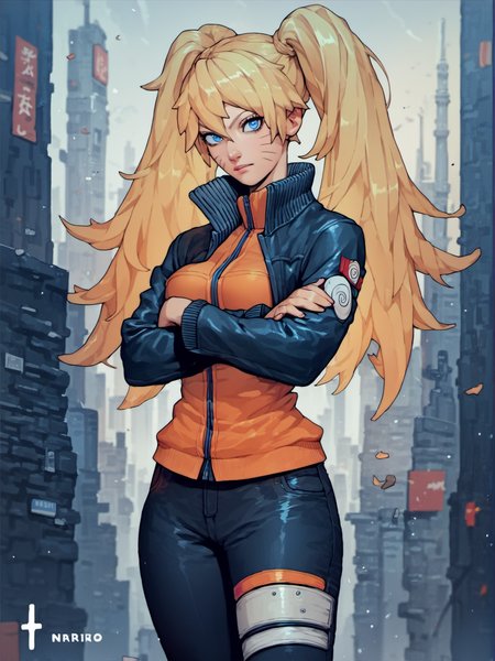 score_9, score_8_up, score_7_up, score_6_up, score_5_up, score_4_up, source_anime, cityscape, 
(female Naruko:1.2), clothing, jacket, pants, pinup, contrapposto, wide hips, looking at viewer, crossed arms, 
<lora:Naruko_PD6XL_1:1>