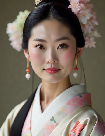 A close-up portrait of a Japanese woman with porcelain skin and long, silky black hair styled in a traditional bun. Her delicate features are highlighted by subtle makeup, and she wears a floral kimono in soft pastel colors. Her serene expression exudes a quiet strength. <lora:usual-portrait-v2:1>