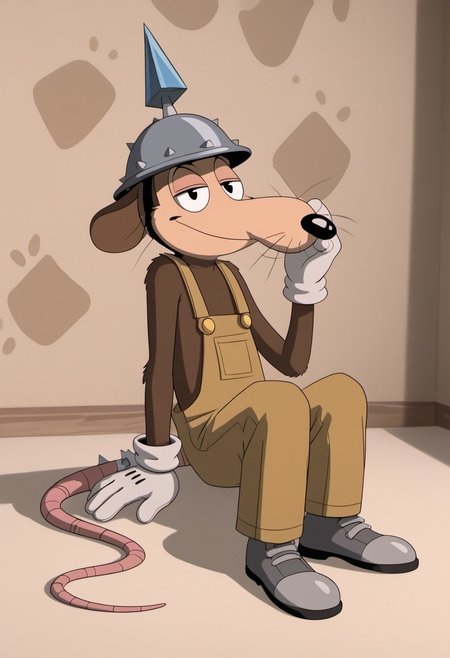 score_9, score_7_up, (masterpiece, extreme detail, best quality), solo focus, male, Werner Werman, mouse, black eyes, brown fur, whiskers, pointy nose, spiked helmet, rat tail, light brown overalls, lederhosen, grey footwear, grey shoes, perfect hands, white gloves, gloves, full-length portrait, skinny, petite, sitting, smile, half-closed eyes, smug, looking at viewer, flirty pose, source_photo, extremely detailed, pattern background, shadow, shading, hyperrealistic, bandaged tail