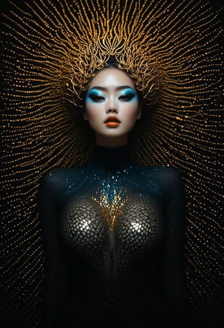 Portrait of young an Asian woman with white skin and orange eye makeup, the eyes have black eyeliner, she has blue lipstick on her lips, there is gold dots around one winged eye, soft light framing, high facial contrast, large fat breasts, hanging breasts, uncensored, black hair, short wavy hair, color gel lighting, smooth blurred background, ample copy space, bad-picture-chill-75v,