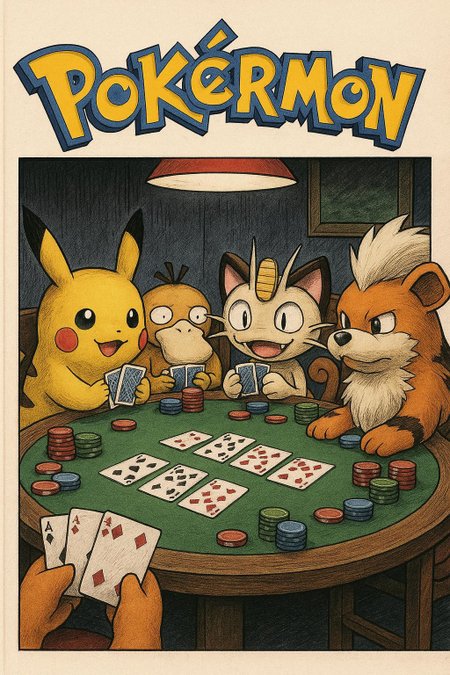manga cover, pikachu, meowth, growlithe, psyduck, all around table playing poker, with title "pokérmon" in same style as pokémon logo