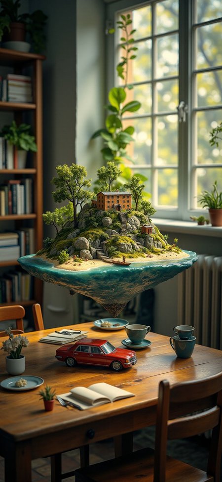 (indoor,very wide isometric view,tilt-shift lens:1.6), (windowless,fna_style,miniature,miniature,diorama,miniature,diorama,PVC,plastic:2),dawn jungle,beach,1910s village with car  at (floating island,levitating  island:1.5) on (table:2) at (attic:2.5)   <lora:Diorama_Flux:1>
 <lora:Fantasy_Novel_Art_Style:1>