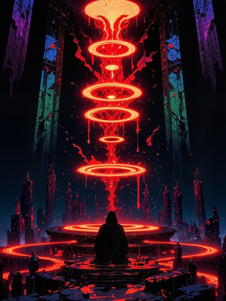 famous masterwork sci-fi digital painting, hyper-realistic, photo-realistic, ultra detailed, high resolution, uhd, 8k, 4k, epic, highly aesthetic, dramatic, accurate, the composition follows the rule of thirds, at night, dim lighting, falling from the sky, they're cast out from the heaven's light, drenching the soil with blood, baptized in the fire hole, the devil's spawn no longer breathes, descending angels and fallen kings, raise your hands, what do you hold? the devil's bleeding crown, call upon it's father, bless the goat, the womanizer, take him to astaroth, inanna's temple of uruk, the devil's spawn no longer breathes, descending angels and fallen kings, raise your hands, what do you hold? the devil's bleeding crown, shifting forms, crystal spires, a thousand eyes, mindless horror, cosmic oblivion, twisted reality, hooded wraith, the color palette is predominantly scarlet and indigo blue and obsidian black and sea green and lavender, high contrast, lovecraftian, cthulhu mythos, ovg, mythp0rt, ne0nfant4sy, midjourney_whisper_avant_couture, <lora:style-mythic_fantasy-v2-flux-by_velvets:0.92> <lora:style-neon_fantasy-flux-by_neowave:0.6> <lora:epic_gorgeous_details-balance-flux-by_flyway:0.68> <lora:style-midjourney_lucid_dreams-flux-by_kawaiikitsuneai:0.2> <lora:midjourney_whisper_avant_couture-flux-by_aihonobono2023:0.84>