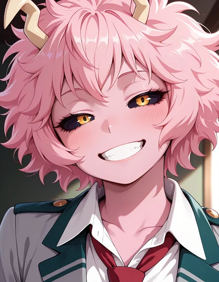 <lora:Mina Ashido Illu:1>
m1na, 1girl, pink skin, u.a. school uniform, pink hair, smile, horns, colored sclera, red necktie, white shirt, short hair, messy hair, collared shirt, looking at viewer, half-closed eyes, grin, teeth, yellow eyes, upper body, collarbone, portrait, head tilt, blush,
bedroom, 
 <lora:CFG Scale Boost:0.7>, masterpiece, best quality