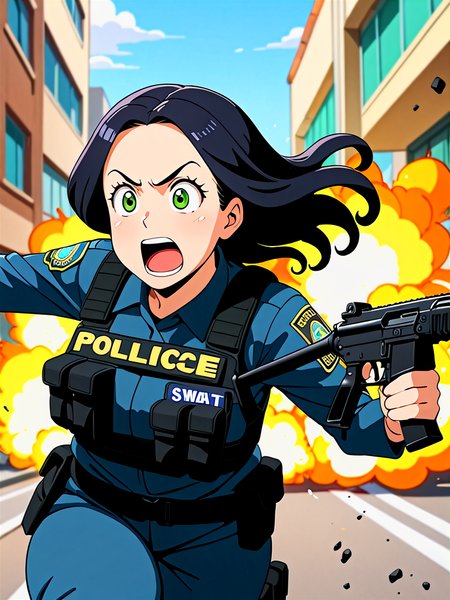 anime, illustration, best quality, (masterpiece:1.4), (high quality:1.4), sharp focus, 4k, absurd resolution, detailed hands, curly hair, long hair, (black hair:1.6), 1girl, mature female, (parted hair:1.7), (round face), (no_bangs:1.3), (no_fringe:1.6), <lora:ETO_OC_XL:0.7>, (thick eyebrows:0.9), (plump:0.8), round-chin, (greenish brown eyes), (brownish green eyes), caucasian, down-turned eyes, 1girl, (forehead:0.65), <lora:swat gear_xl:0.5> swat gear, weapon, gun, black uniform, police, rifle, street, officers, soldier, military, officer,  shooting, firing, screaming, explosion, jumping, chaos, debris,