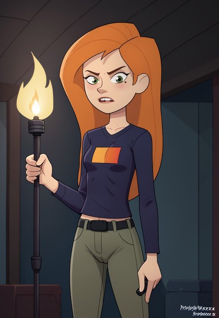 safe_pos, triplevexx, kim possible, black skintight shirt, cargo pants, dark room, holding torch, torch on, from slight angle, solo, slightly frightened,