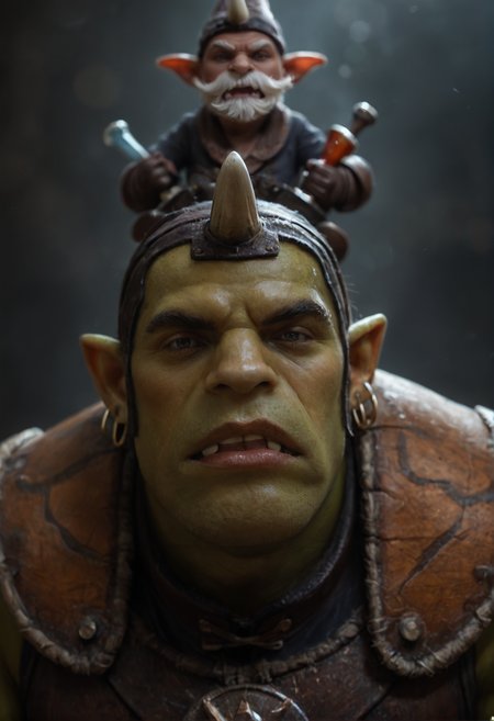 <lora:alhimist_v1:0.75>, alhimist_v1, 
2boys,multiple boys,
goblin, orc, pokemon \(creature\),
black eyes,
facial hair,mustache, beard, 
 single horn, 
 colored skin, green skin,  
pointy ears, teeth, 
earrings, nose piercing,
 brown footwear, armor, gloves, hat, helmet,  pants, torn clothes,, score_9, score_8_up, score_7_up, score_6_up, derpibooru_p_95, 
detailed eyes, beautiful, detailed background, perfect eyes, 
solo, 
__FULL__
blur censor, blurry, blurry background, blurry foreground, bokeh, motion blur,
chromatic aberration, depth of field, figure, focused,  focus
absurdres, amazing quality
photography, realistic sun light and shadows, photorealism, UHD --ar 9:16 --style raw --stylize 700,
rating_safe, cinematic, cinematic photo, close-up, portrait, orange rim lighting, atmospheric, bokeh, dynamic angle, vibrant lighting, dramatic shadows, highly detailed, realistic, high contrast, extremely detailed, photorealistic, professional, detailed skin, depth of field, film grain,