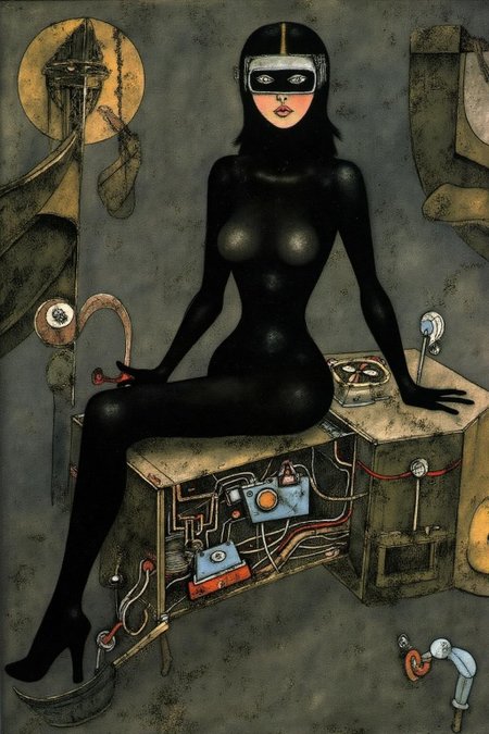 paulklee1 painting.
A striking, futuristic scene depicts a woman dressed in sleek, form-fitting leather attire, sitting confidently atop an open power suit, inspired by the cyberpunk aesthetics of Masamune Shirow. The power suit, a blend of advanced technology and military-grade armor, features intricate mechanical details, exposed wiring, and a robust, yet streamlined design. The woman, wearing a cutting-edge VR headset, exudes a sense of control and mastery over the machine beneath her. Her posture is relaxed yet commanding, with one hand resting on the suit's metallic surface and the other casually holding a piece of advanced tech. 
  <lora:paulklee1_cap_d8a4e12:1.0><lora:839866329436558670:0>