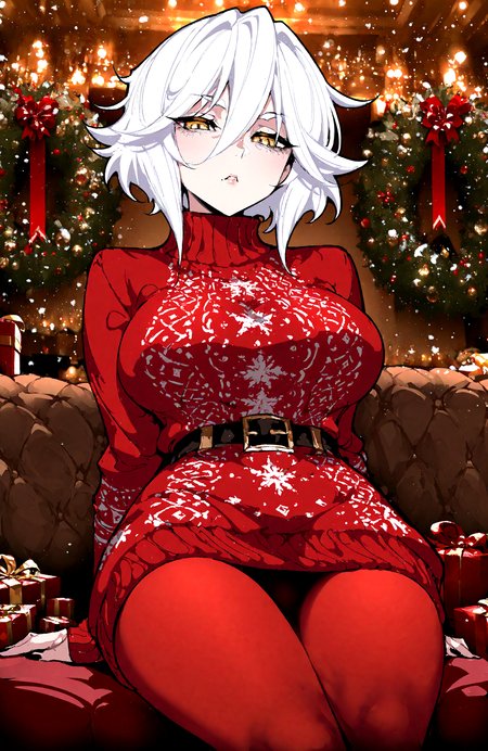 mclaus, white hair, 1women, old women, red christmas sweater, solo, red pantyhose,
,detailed background,
,fishine:0.7 ,warugaki_(sk-ii):0.9 ,vanripper_(style):0.6,
,masterpiece, best quality, newest, absurdres, highres, <lora:Mrs._Claus:0.6>,
<lora:add-detail-xl:0.5>, <lora:cfg_scale_boost:0.4>, <lora:illustrious_noobai_epsilon_pred_11_very_aesthetic_v1:0.8>, <lora:ponyv5_noobE11_1_adamW:0.5>