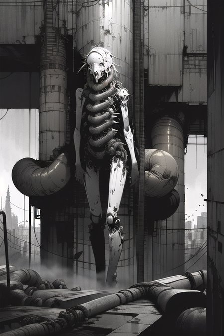 (masterpiece), (best quality), (high resolution), hyper detailed, solo, girl, detailed_background,vast, gigantic, decrepit scenery, covered in large tubes and cables, dim light, giant-gross-organic (organic works very well with buildings and city scenery) monsters-creatures, cyborg girl <lora:epiNoiseoffset_v2:1.3>, <lora:blameLora_v10:1>