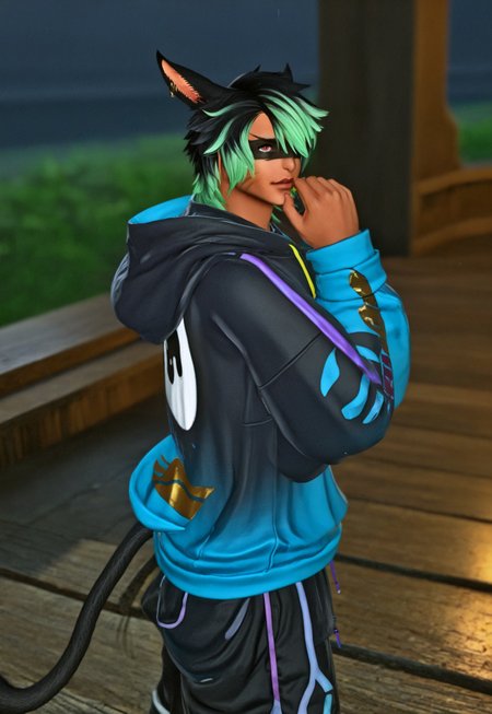 masterpiece, best quality,KrhisT1A, 1boy, male focus, dark-skinned male, solo, animal ears, green hair, dark skin, hood, hair over one eye, hoodie, tail, cat ears, cat boy, cat tail, multicolored hair, hat, miqo'te, black hair, short hair, jewelry, facepaint