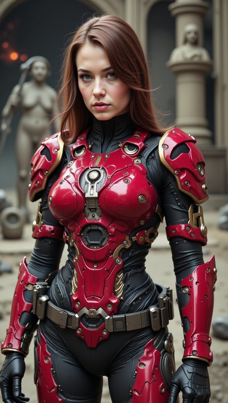candid full body studio-quality shot of a white woman clad in Warhammer 40k-inspired power armor—crimson and black plating with gold trim accents, brutalist shaping, shoulder pauldrons with gothic etching, vented back unit, matte black undersuit with mechanical ribbing. Feminine build with bold armored breastplate, powerful stance. Background: sci-fi temple hangar with looming statues and burning incense brazier.








ftlas-mk.1
