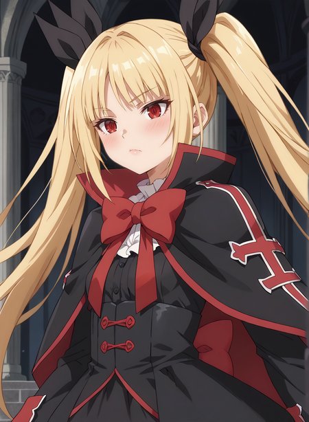 score_9, score_8_up, score_7_up, score_6_up, score_5_up, score_4_up, source_anime, anime screencap, masterpiece, insanely detailed, detailed background, zPDXL3, BREAK, RachelAlucardBB,1girl,solo,long hair,blonde hair,red eyes,red bow,ribbon,twintails,black hair ribbon,small breasts,frills,red bow,ghotic fashion,black capelet ,red cross pattern,black dress