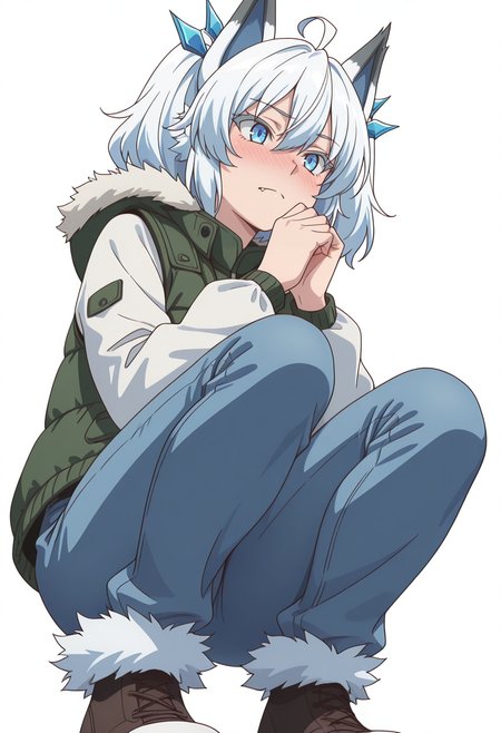 Smooth Quality,masterpiece,very intricate, high quality details, ultra realistic, high detailed skin,detailed enviorement,absurdres,
simple background, white background, 
from below,crouching, hands together, foot forward, intense, ready,  ,nose blush,
vest, ,puffer jacket,  ,flared pants,  ,
 <lora:Setsuna_cnn:0.8>setsunacnn,1girl, short hair, hair between eyes,blue eyes, white hair, ahoge, twintails, fang,fur trim,