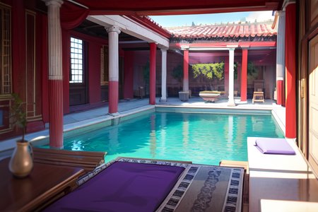 highly insanely detailed, masterpiece, top quality, best quality, highres, 4k, 8k, RAW photo, (very aesthetic, beautiful and aesthetic),  
Ancient Roman Interior Design,RomInt,pool, 
<lora:RomanInterior-10:0.6>, 
(1girl:1.3), 
1other, 
, 
, 
, 
floating platforms,floating buildings,rich purple background, 
scenery,âââ