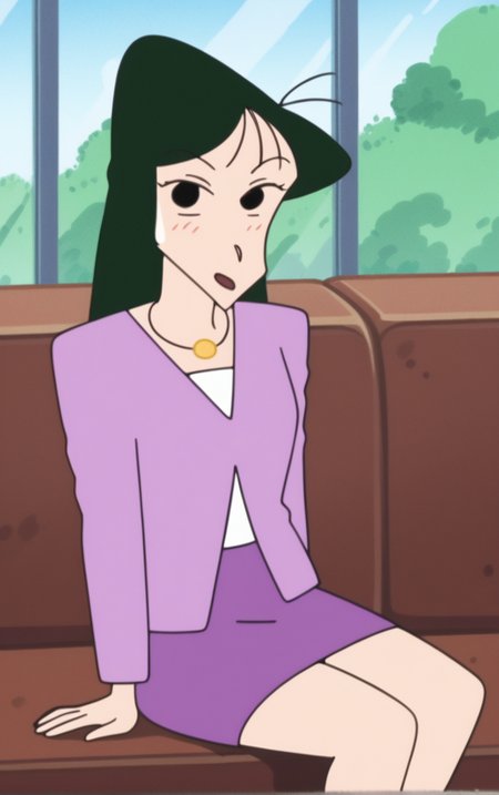 score_9, score_8_up, score_7_up, looking at viewer,  BREAK
Jacket_UmeMatsuzaka_ownwaifu,  
1girl, green hair, straight hair, long hair, jewelry, necklace, black eyes, bangs, 
long sleeves, skirt, shirt, purple shirt, collared shirt, sweater, turtleneck, dress, purple dress, purple skirt, 
retro artstyle, style parody, 
(sitting, spread legs), arms behind back, couch, window shade, indoors, <lora:PONYXL_ShinChan_UmeMatsuzaka_ownwaifu:0.95> , depth of field, solo,
