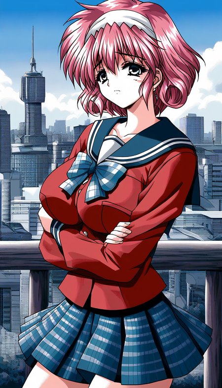score_9, score_8_up, score_7_up, source_anime, rating_explicit, BREAK  <lora:Umemiya_Yuzuru_XL:1> UmemiyaYuzuru, pink hair, hairband, short hair, large breasts, red hair, blue eyes,
school uniform, checked skirt,  dark red long sleeve,
looking at viewer, 
sad, closed mouth, v arms, cowboy shot, day, outdoors, city, building