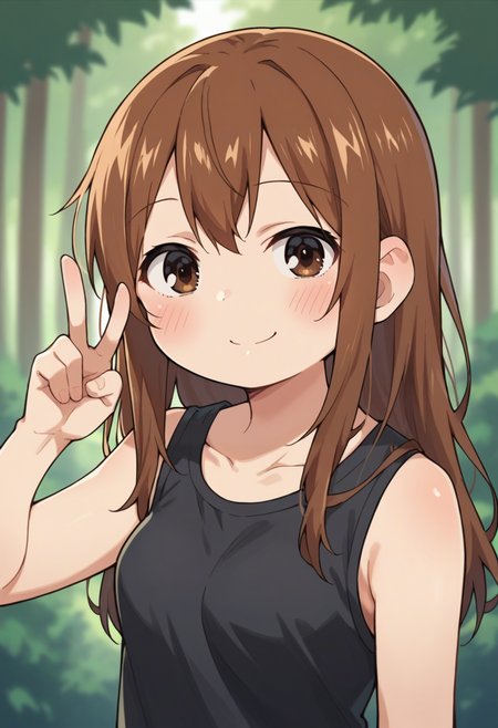 score_9, score_8_up, score_8, source_anime, 1girl, chibi, <lora:Miyashita:0.75> solo, brown eyes, brown hair, long hair, loose hair, black shirt, sleeveless, blush, smile happy, looking at viewer, v sign, 
forest background, blurry background,