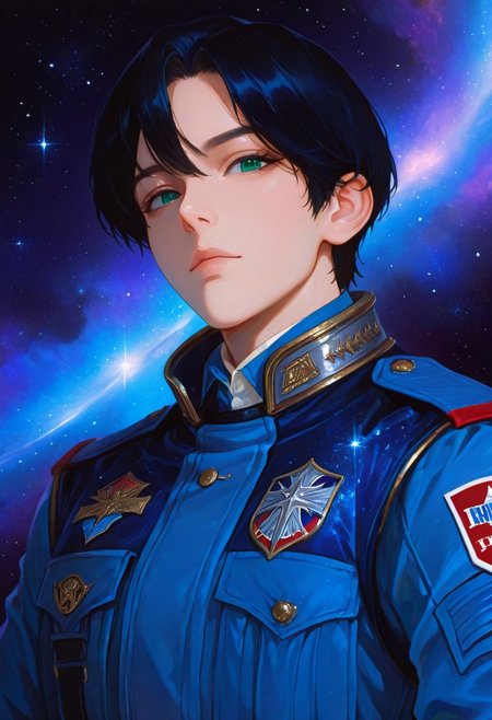 masterpiece, best quality, good quality, very aesthetic, absurdres, newest, 8K, depth of field, focused subject, epic, masterpiece, best quality, newest, absurdres, highres, traditional media, 1man, short hair, black hair, green eyes, militar white militar uniform, character portrait, , space fantasy uniform, looking at viewer,, colorful background, simple background, upperbody, standing, stoic, white and blue uniform, ((detailed face), starry background, space background, in the style of cknc, in the style of ck-rw, artist:moriimee, illustration, detailed face, front looking, 
748cmstyle, artist:moriimee