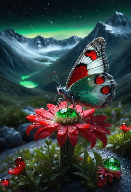 amazing quality, masterpiece, best quality, hyper detailed, ultra detailed, UHD, depth of field, mountains snowy peaks, (green butterfly), parking on (red floret), night, magic  mountains, fog, firefly, transparent and polishing ral-ntrgmstn, on side, darkness, glowing, (dazzling light:1.2), water droplets after rain,
<lora:ral-ntrgmstn:1.2>, 
<lora:add-detail-xl:0.8>,
<lora:quality1:0.8>,