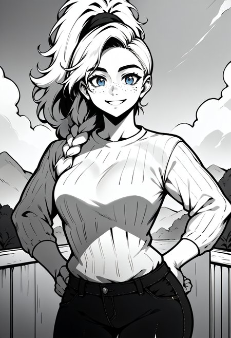 score_9, score_8_up, source_anime, monochrome, 1girl, solo, mhGemma, blonde hair, long hair, high ponytail, braid, blue eyes, freckles, outdoors, sweater, ribbed sweater, jeans, hands on hips, smile, <lora:Potat_dark_ink_v1_monochrome-RS24:1> , <lora:clamMHGemmaPD_v10:1>