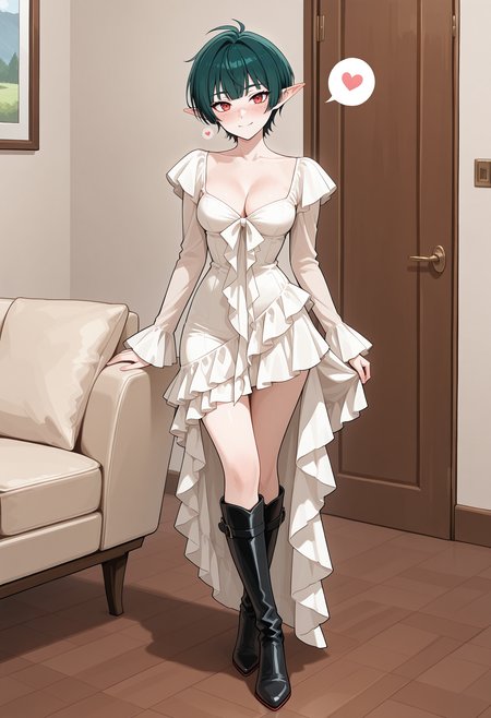 1girl, green hair, pointed ears, short hair, red eyes, medium breasts, tomboy face, freckles,
heart, cleavage, spoken heart, looking at viewer, smile,  blush, standing, bangs, high heels, over knee boots,
living room,
matakawadress, long dress, long sleeves, asymmetrical skirt, frills dress, bare neck, white dress, <lora:MatakawaDressIlv2:0.9>,
masterpiece,best quality,amazing quality,   <lora:gogalkingIL-style:0.8>