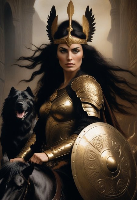 ,dark fantasy, upper body shot, Boudica, queen of the ancient Britons, a warrior princess , long black hair, golden armour, feathered shoulder mantle, on a chariot, high-detail portrait with celtic, symbols surreal and nostalgic, vintage cult-like vibe, dark and shadowy environment, Caravaggio meets frank Frezetta, masterpiece,