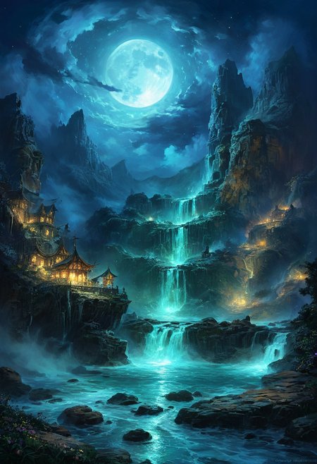(by Ellen Jewett:1.5), (Bioluminescent Impressionism, , The Dreamland, Under the eerie glow of a blue crescent moon, a bright and wonderous landscape unfolds . A vibrant, and glowing brown lumenarium flying ship flies over a wonderful landscape of  great, yet lush canyones  with waterfalls.  Its black paint contrasts starkly with the wonderous atmosphere. In the background, more waterfalls cascades down jagged rocks,the water glistening in the moonlight. urithiru, tower city, up on a mountain,  Thick,s wirling clouds loom overhead,adding to the sense of a magical presence. The moonlight filters through the clouds,casting an otherworldly glow over the scene. The air is thick with mysticism,as if the very night holds ancient secrets and powerful magic.  [romantic impressionism,dream scenery art,beautiful oil matte painting,romantic,style of thomas kinkade,beautiful digital painting,anime landscape,romantic painting,dreamlike digital painting,colorful painting,beautiful gorgeous digital art,style of greg rutkowski,janek sedlar,jenny saville:0]  <lora:vivid_everclear:0.35>  <lora:Sinozick:0.35>  <lora:MJ52:0.35>, view from above,  biotech emotion:1.3) <lora:xl_more_art-full_v1:0.5> <lora:add-detail-xl:1> <lora:RMSDXL_Creative:2>