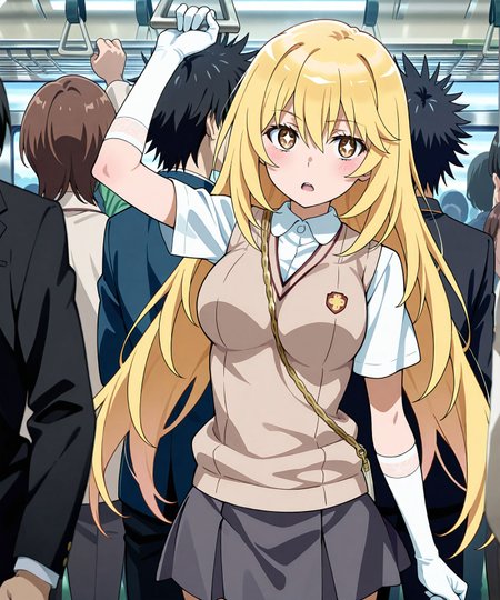<lora:add-detail-xl:0.5>,,masterpiece,best quality,anime coloring,anime screenshot,
<lora:sex_on_train:0.3>sex_on_trainV1,
1girl,standing,one arm up, crowd,multiple boys, 
standing,train interior, solo, holding,triangle train strap,front view,
kamijou touma, 
shokuhou Misaki,
tokiwadai school uniform, 
toaru kagaku no railgun, official art, official style, 
20 YO, milf,