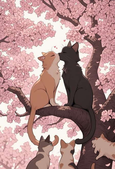 gothic_glittercore, masterpiece, best quality, very awa, absurdres, two cats sitting on a tree branch, facing each other in an intimate and harmonious pose. The left cat is black, while the right cat is white, creating a striking contrast. They are surrounded by delicate, blooming branches with small flowers, adding a serene and romantic atmosphere. The background is softly blurred, focusing the viewer's attention on the cats and their interaction. The lighting is soft, emphasizing the texture of their fur and the gentle ambiance of the scene. pink heart in front of them, ((kissing cats))