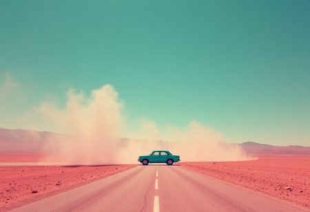 Composition:

The image is a landscape photograph with a strong sense of depth and perspective. The horizon line divides the image into two distinct sections: the sky is up above and the desert. The sky occupies about two-thirds of the image, while the desert takes up the lower third. The road follows the horizon. This division creates a sense of vastness and emptiness in the landscape.

The composition is further emphasized by the placement of the car. The car is positioned in the middle ground, traveling along a straight road that extends horizontally from left to right. This creates a sense of movement and direction, drawing the viewer's eye towards the vanishing point in the distance. The car is photographes from far away

Color Scheme:

The image is dominated by a faded rose color palette, which gives the desert landscape a surreal and otherworldly appearance. The sky is a muted blue, contrasting with the rose desert and creating a striking visual effect. The car is a bright turquoise color, which further emphasizes the contrast with the rose landscape. All colors are wahsed out and muted like on old photos

Small Details:

There are wisps of white smoke or dust rising from the desert floor, adding to the sense of movement and atmosphere.
The road is straight from left side of the photograph to the right side and well-maintained, suggesting that this is a popular route for travelers.
The car is a small, compact model, which adds to the sense of isolation and vulnerability in the vast landscape.
Overall, the image is a striking and evocative landscape photograph that captures the beauty and desolation of the desert. The use of color, composition, and technique creates a sense of depth, movement, and otherworldliness.