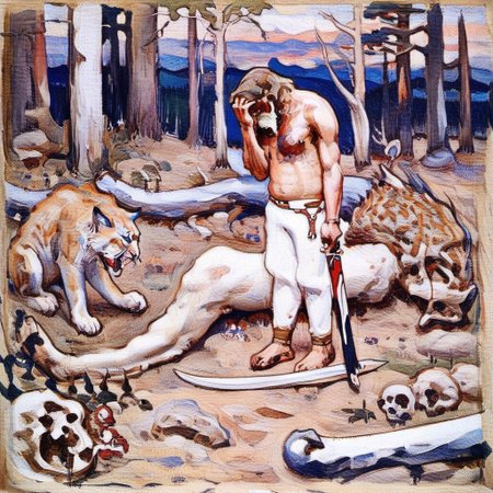 a painting of a man with a lynx, 1boy, male focus, topless male, traditional media, skull, pants, sword, weapon, regret, agk_akseligallen-kallela_-_kalevala