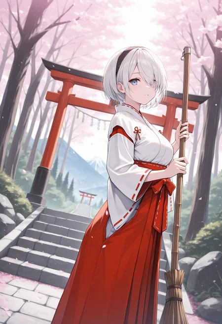 masterpiece, best quality, 1girl, solo, tw0B, mole under mouth, short hair, hair over one eye, white hair, miko, japanese clothes, red hakama, white kimono, ribbon trim, outdoors, stairs, stone stairs, cherry blossoms, (forest), nature, broom, holding broom, sweeping, from side, dutch angle, black hairband, wide sleeves, hakama skirt, (torii:0.9), scenery, mountain, landscape, looking at viewer, blurry, blurry background, blue eyes