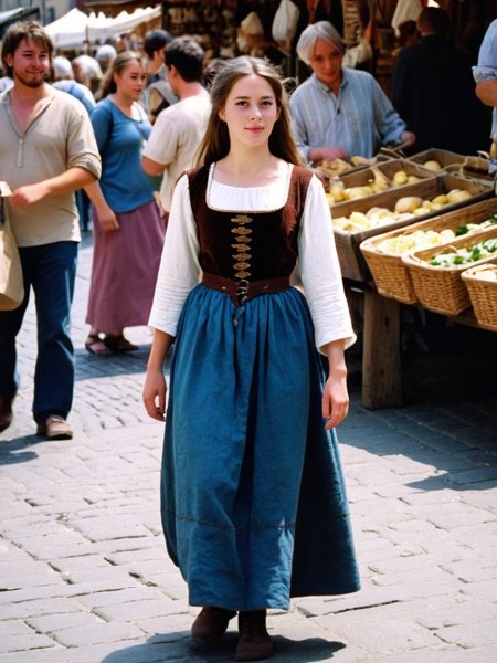 Analog photo of a woman looking like Annie_Crow_P_MXAI_SDXL wearing a medieval peasant dress, walking through a medieval city market