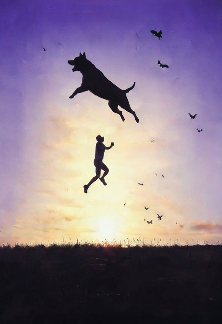 F-B-C, silhouette, foreground: dog head mouth open, background: man jumping, effect: man jumping into the dog's mouth