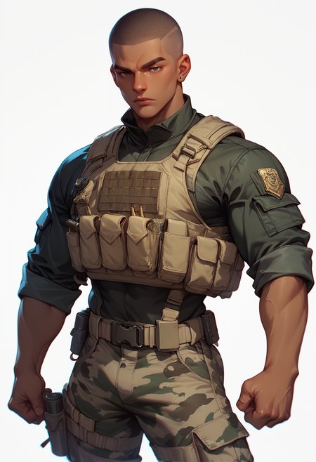 (score_9, score_8_up), score_7_up, zPDXL, short hair, simple background, shirt, 1boy, white background, male focus, pants, dark skin, uniform, military, blood, black military uniform, bullet proof vest, muscular, dark-skinned male, thick eyebrows,  muscular male, clenched hand, bara, very short hair, manly, camouflage, buzz cut, camouflage pants
<lora:warcore-000011:0.9>