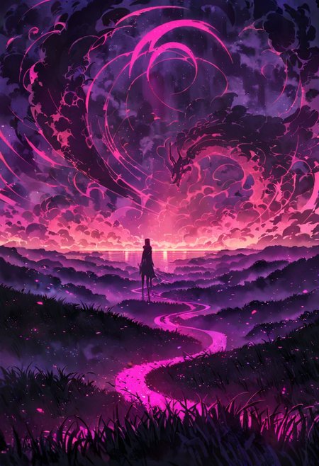 Very wide angle shot, big landscape, serene night, beautiful sky, Complex landscape, grassland, ocean,  swirling mists ,ghostly apparitions. Glowing will-o'-the-wisps ,  hooded figure stands guard. Color temperature: Moody and deep s. Lighting: Atmosphere: goth horror. --v 5 --stylize 1000