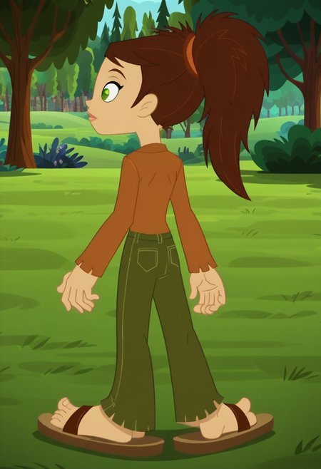 score_9, score_8_up, score_7_up, 1girl, solo,
long-sleeved brown sienna shirt, olive green pants, brown hair, green eyes, sharp ponytail, sandals
woods background,perfect hands, show accurate, perfect feet,