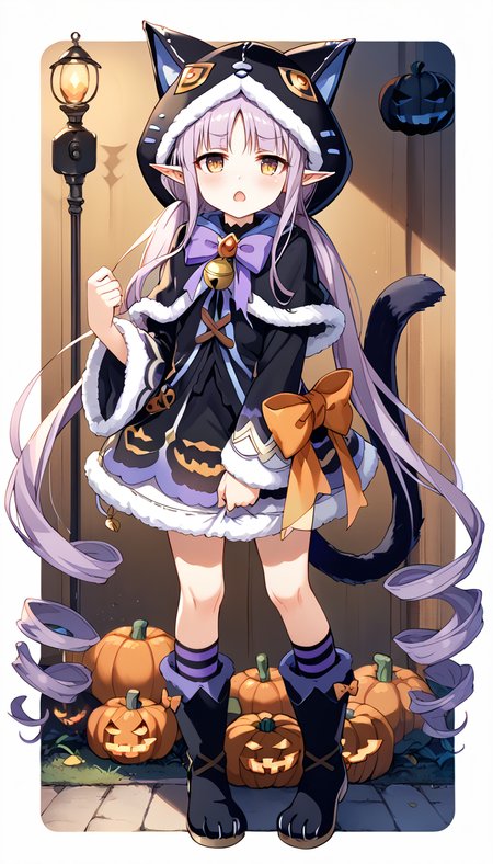 score_9,score_8_up,score_7_up,
official art,official style,game cg,megami magazine,
kyouka halloween,kyouka (halloween) (princess connect!),
animal ears,animal hood,bell,black capelet,black dress,
black footwear,black jacket,black skirt,blush,boots,bow,bowtie,brown eyes,capelet,cat ears,
cat hood,cat tail,dress,elf,fake animal ears,fur trim,fur-trimmed capelet,fur-trimmed dress,
fur-trimmed hood,fur-trimmed skirt,fur-trimmed sleeves,halloween,halloween costume,hood,hood up,
hooded capelet,kneehighs,kyoka (princess connect!),kyouka (halloween) (princess connect!),kyouka (princess connect!),
long hair,long sleeves,low twintails,open mouth,orange bow,paw shoes,pointy ears,purple bow,purple hair,
skirt,striped socks,tail,tail bow,tail ornament,twintails,very long hair,wide sleeves,yellow eyes,
1girl,solo,
standing,full body,
<lora:princess_connect_kyouka_pony_v1:1>,